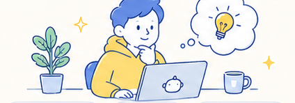 ノートパソコンで考える人のイラスト